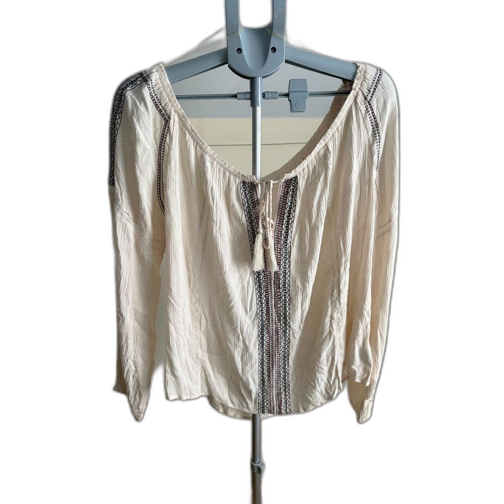 Hippie Laundry Fringe Tassel Tie Neck Boho Embroidered XL Top Gypsy Hippie